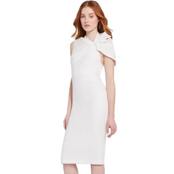 Alice + Olivia Kiro Ruffle-Shoulder Midi Sheath Dress in Bright White Size 4 - Picture 4 of 13
